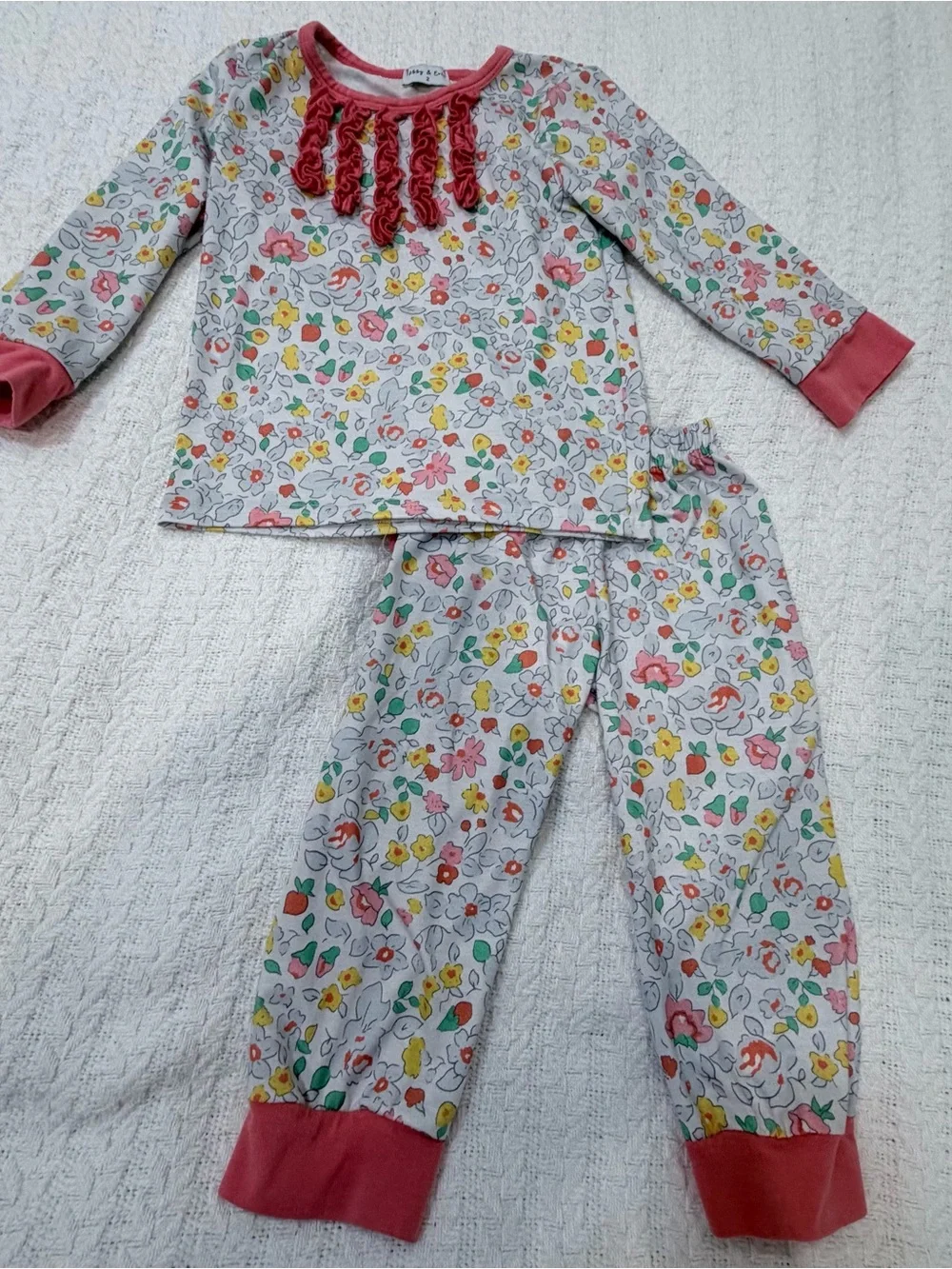 Girls' Floral Ruffle-Trim Cotton Pajama Set in Pink